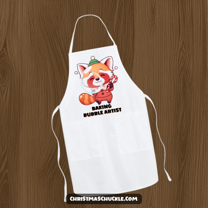 Funny apron showing a red panda dressed as a clown, humorously blowing a giant bubble with a candy cane while cooking.