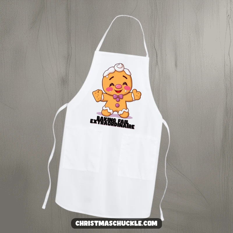 Funny gingerbread man clown apron, blushing with frosting on face, hilariously balancing crackers, a comical and practical kitchen accessory.