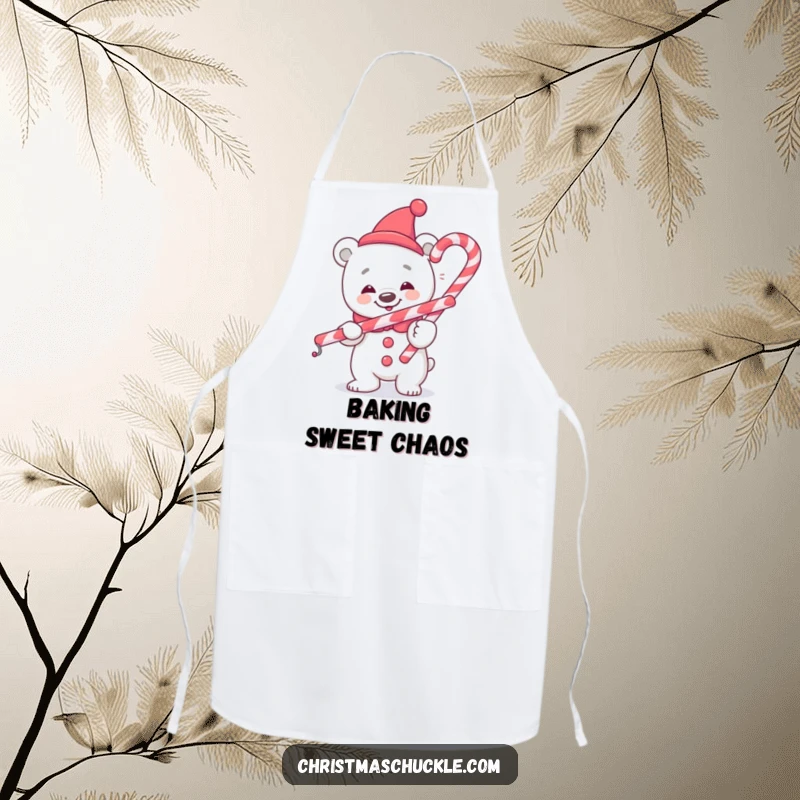 Funny polar bear clown apron, cheerful and practical, balancing a candy cane, a humorous and useful gift for cooks.