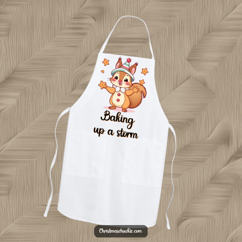 Funny squirrel dressed as a clown juggling gingerbread cookies, perfect for a funny kitchen apron.