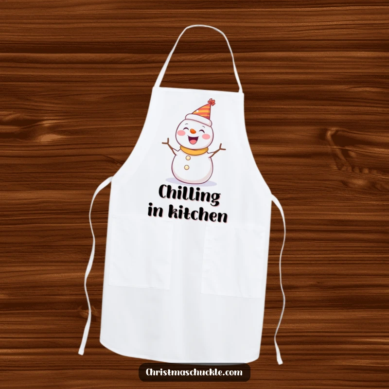 Funny apron featuring a happy snowman wearing a party hat, spinning joyfully while cooking, a whimsical addition to any kitchen.
