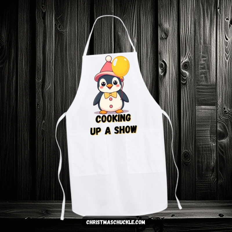 Funny kawaii penguin clown holding a balloon, a protective apron for creative tasks combining practicality with whimsical humor.