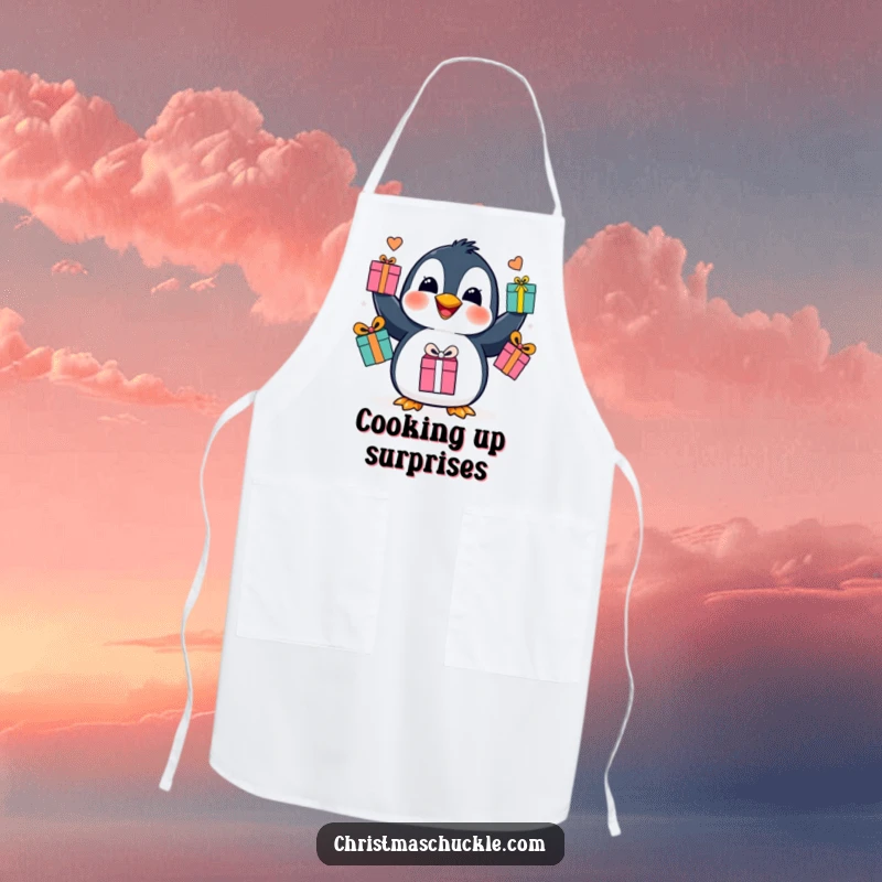 Funny penguin juggling apron, a cheerful bird expertly tossing gifts, perfect for adding fun and protection in the kitchen.