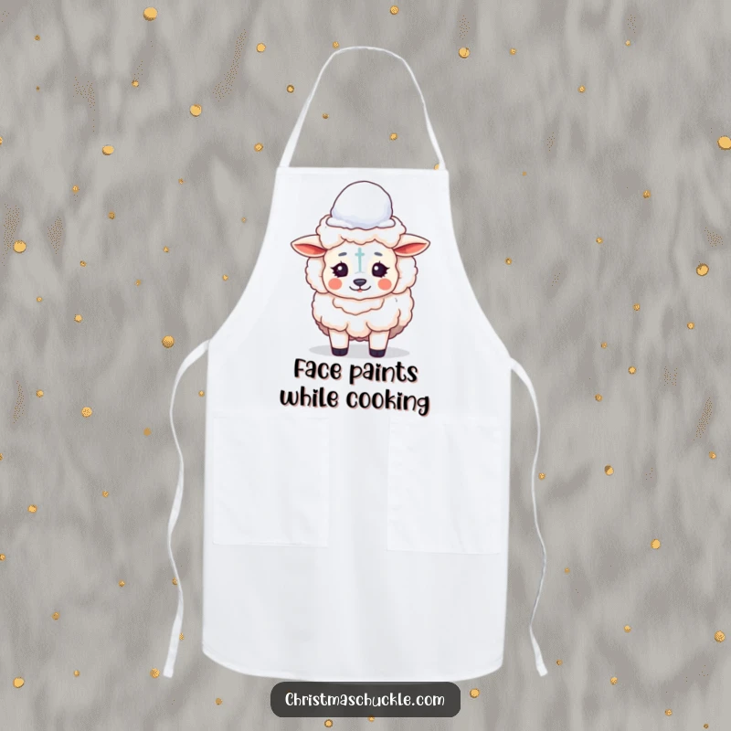 Funny apron showing a fluffy sheep with clown makeup, humorously balancing a snowball on its head while preparing food.