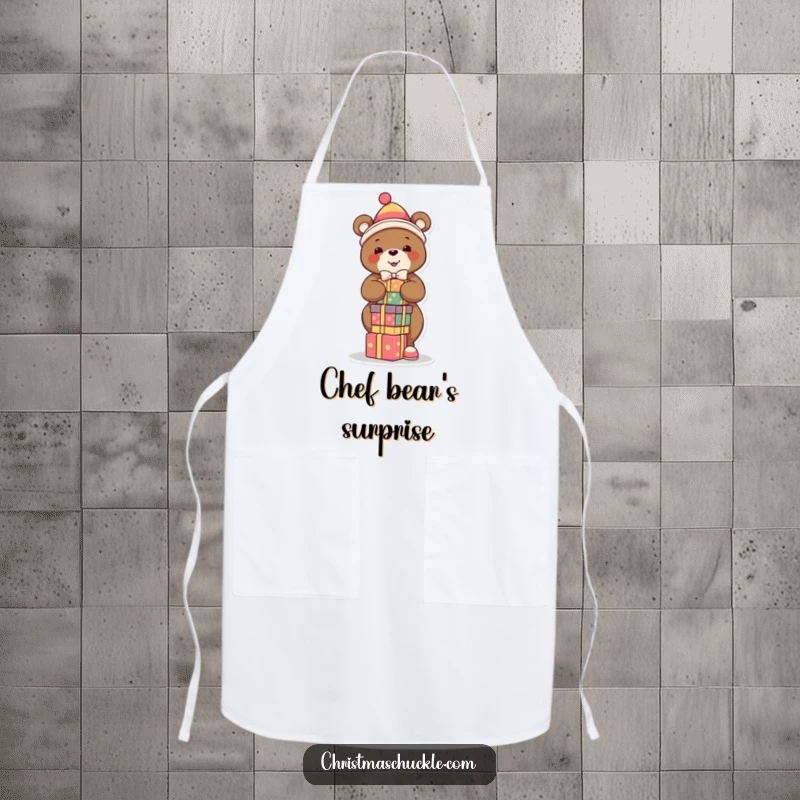 Funny apron featuring a bear clown balancing presents, perfect for kitchen use and adding a humorous, festive-themed touch.