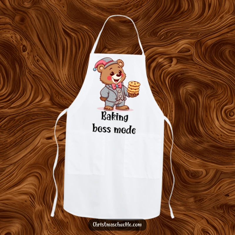 Funny bear clown apron, wearing a sparkly suit, determinedly balancing a stack of festive cookies, a focused and practical accessory.
