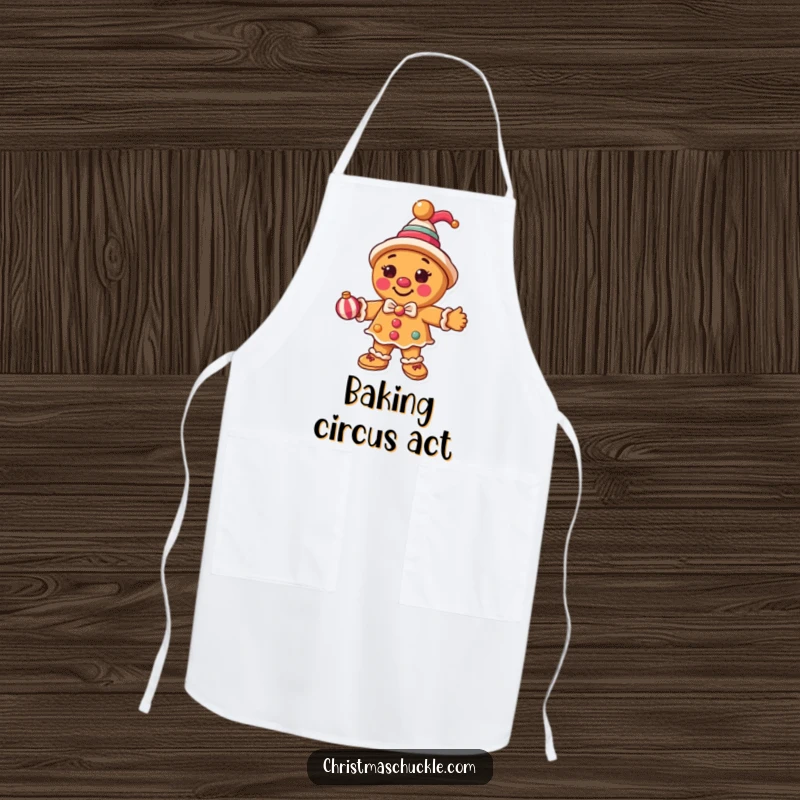 Funny round gingerbread man as a clown, juggling ornaments on a kitchen apron, perfect for humorous baking.