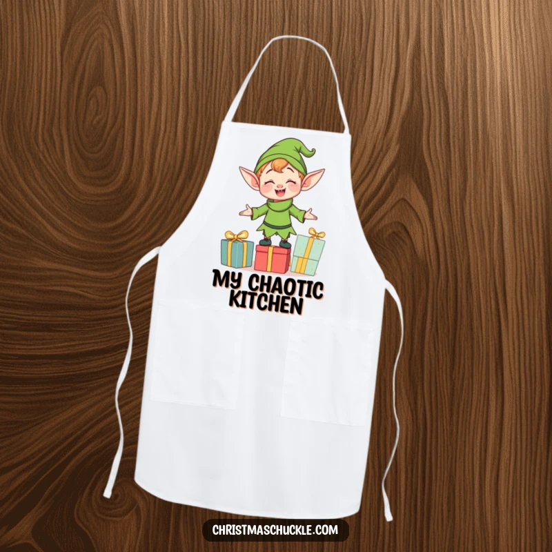Funny clumsy elf character balancing a stack of gifts, printed on a kitchen apron, adding a touch of holiday humor to cooking and baking.