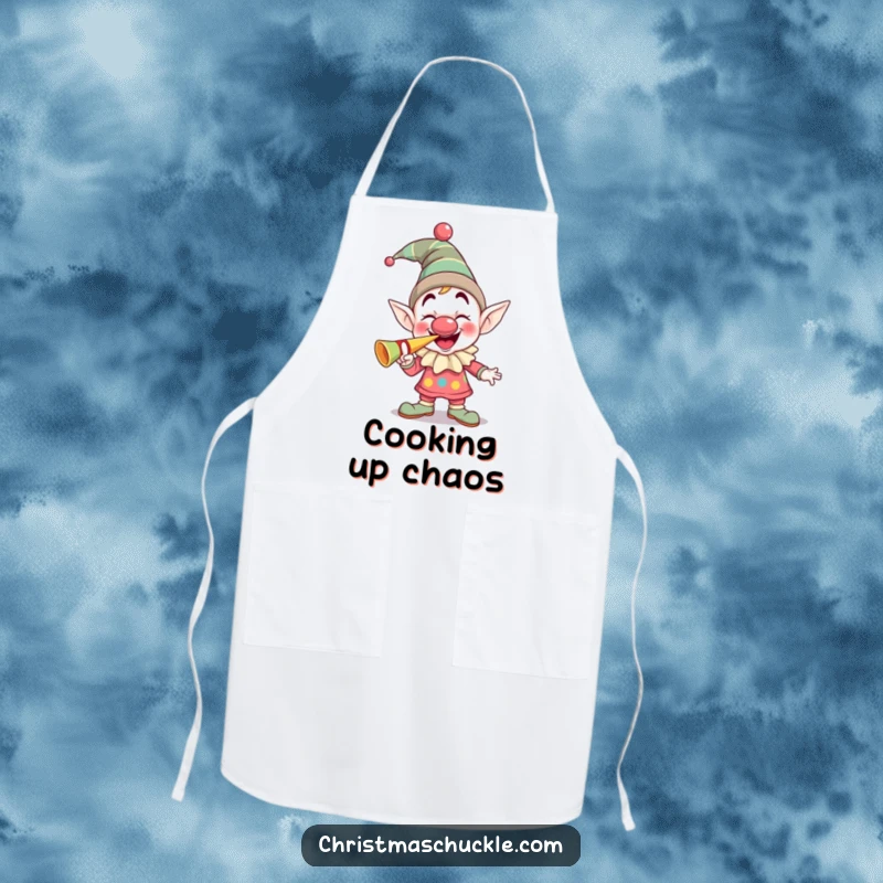 Funny giggling elf clown with a squeaky nose blowing a party horn, humorous apron for cooking and hosting celebrations.