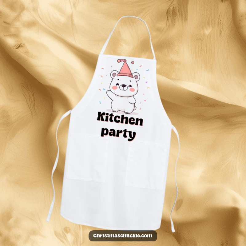 Funny apron featuring a smiling polar bear character in a tiny jester hat, joyfully tossing confetti, perfect for festive cooking.