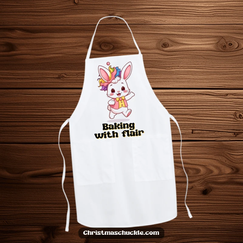 Funny kawaii bunny in a rainbow clown wig and waistcoat hops excitedly, a humorous apron for the kitchen.
