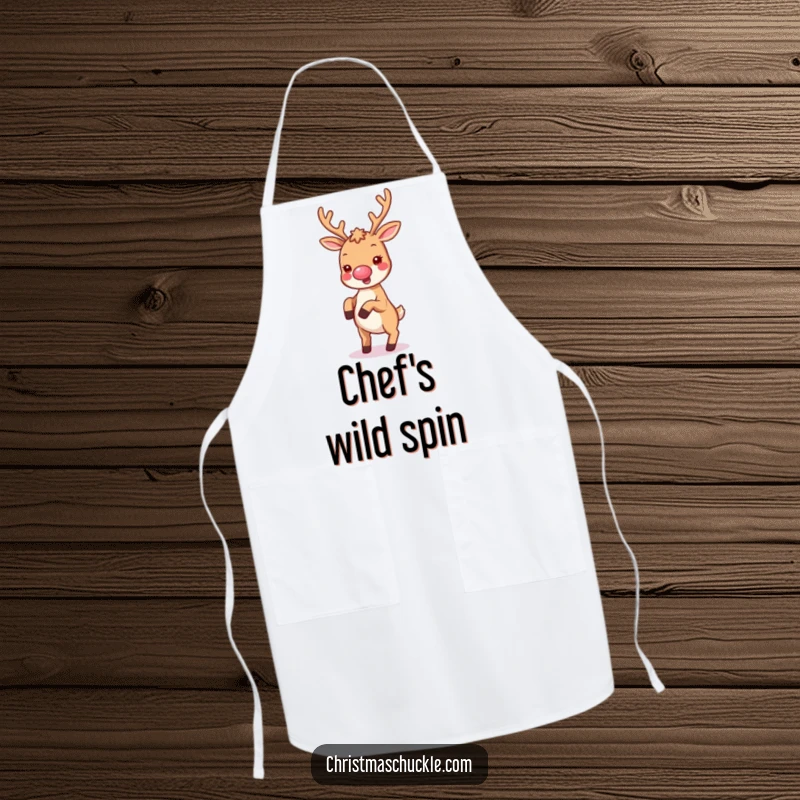 Funny apron with a kawaii reindeer wearing a tiny clown nose, joyfully doing a cartwheel, ideal for a fun kitchen.