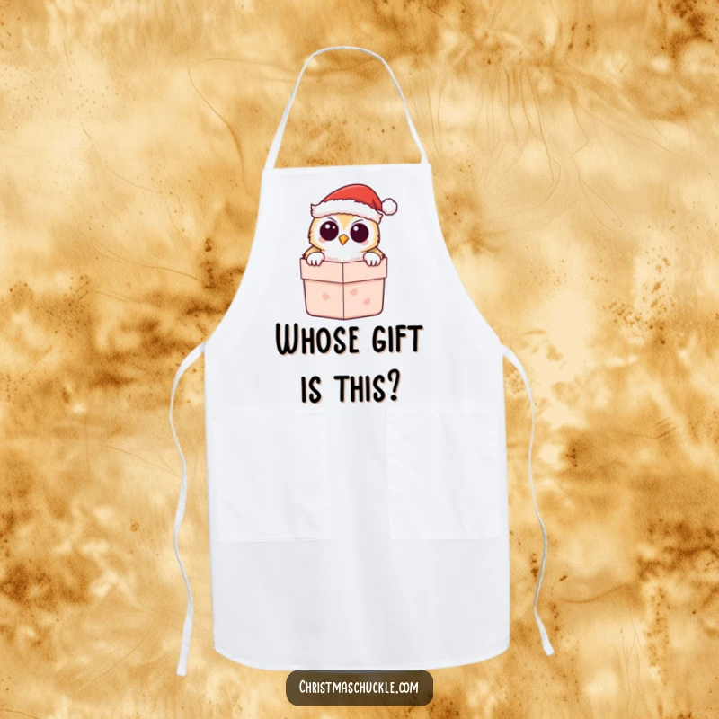 Funny Kawaii Owl Santa Apron, showing a cute owl in a Santa hat peeking from a gift box, ready for baking.