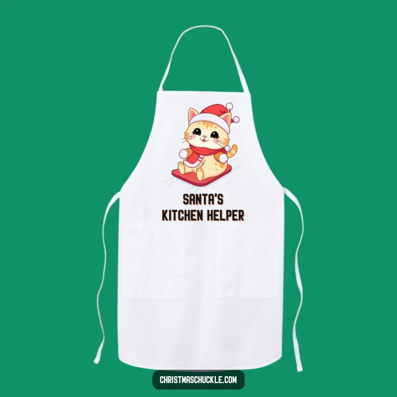 Funny Kawaii Santa Cat Apron: Cute Feline Sliding Down Snowy Hill, Kitchen Funny Gift