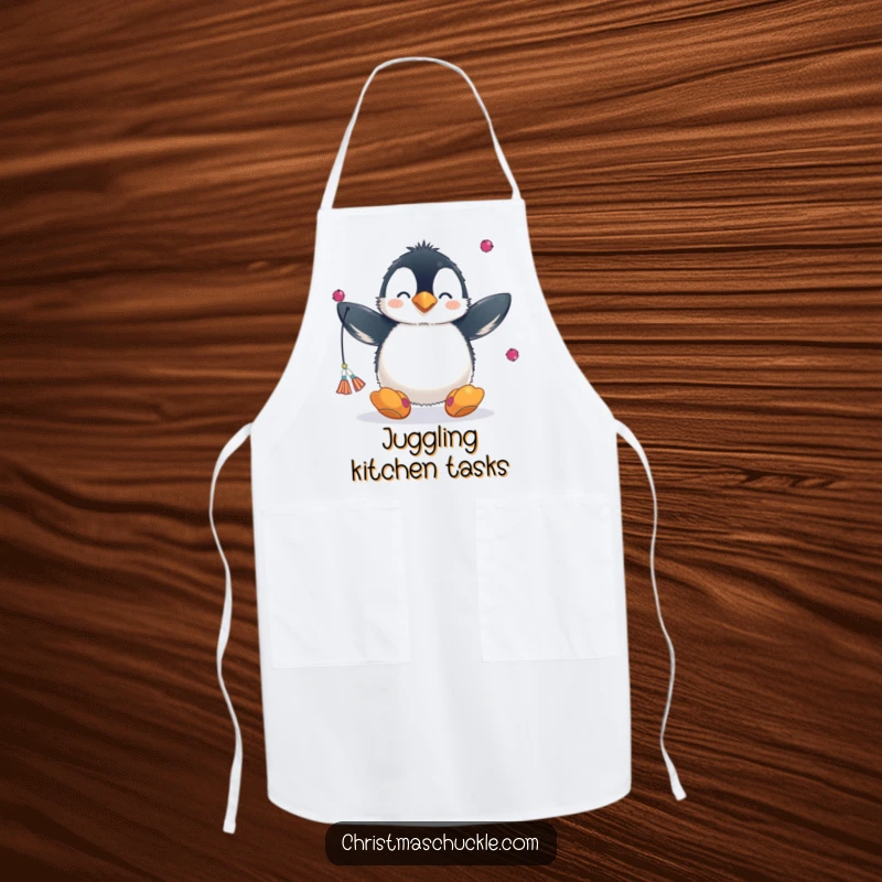 Funny apron with a fluffy penguin in a clown nose and big shoes, juggling scarves, ideal for kitchen performance.