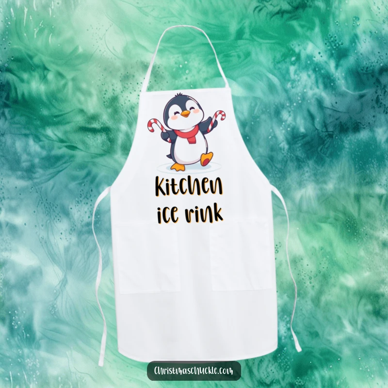 Funny cute penguin slipping on ice, juggling candy canes on a kitchen apron, perfect for humorous cooking.