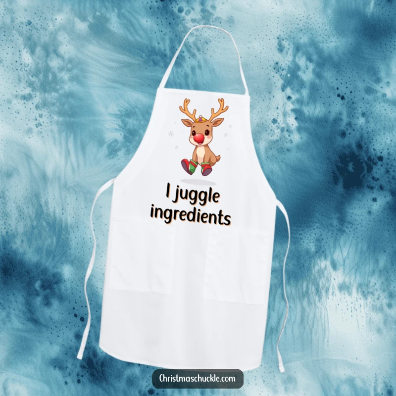 Funny apron showing a cute reindeer in clown attire, wearing a red nose and big shoes, juggling snowflakes while cooking in the kitchen.