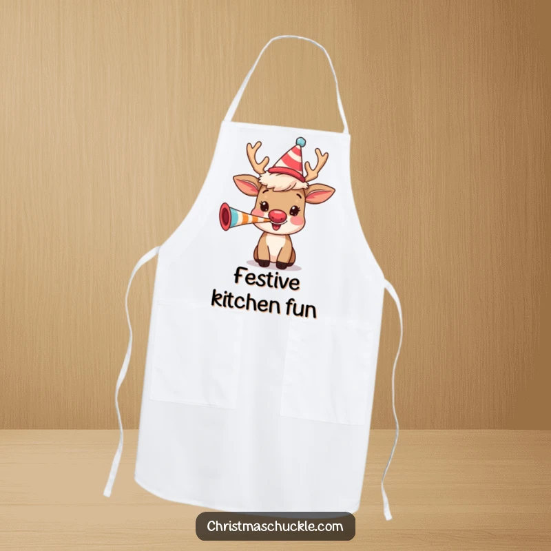 Funny reindeer with a clown wig blowing a party horn, on a durable kitchen apron, ready for cooking and humor.