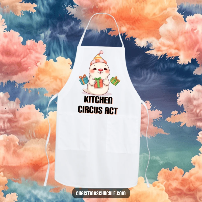 Funny seal clown in a hat and red nose juggles three presents, a humorous apron for the kitchen.