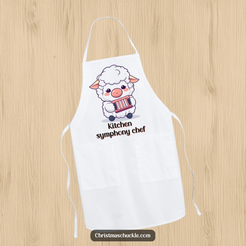 Funny apron featuring a sheep clown playing a concertina, perfect for kitchen use and adding a humorous, musical-themed touch.