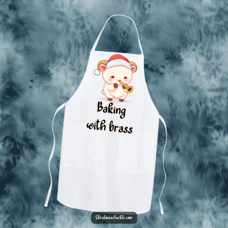 Funny sheep in Santa hat plays a tiny trumpet while cooking, perfect for a festive and humorous kitchen apron.