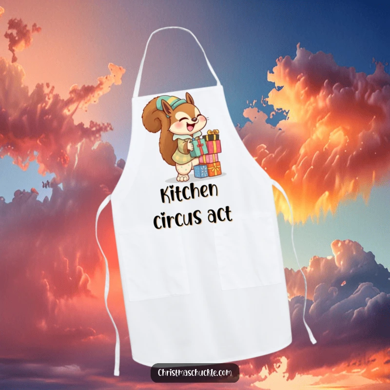 Funny squirrel clown apron depicting a cheerful squirrel in a clown suit, balancing gifts while cooking or baking.