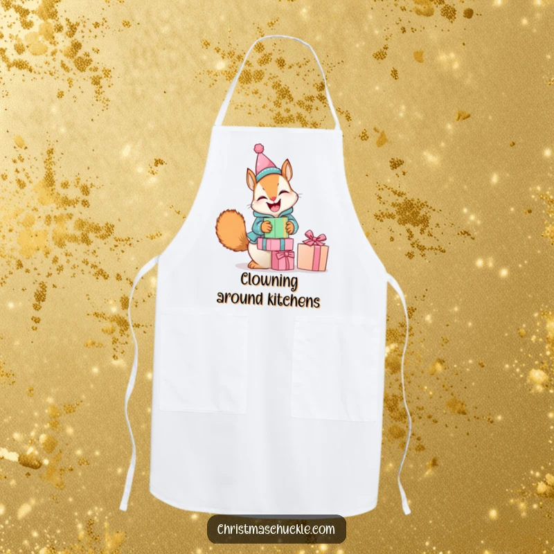 Funny apron showcasing a giggling squirrel in a tiny clown suit, humorously balancing a stack of presents, perfect for kitchen antics.