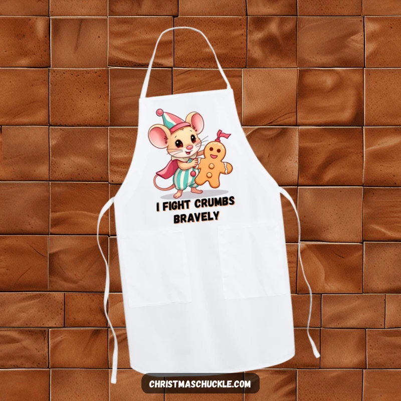 Funny apron with a tiny mouse clown heroically saving a gingerbread man, ideal for kitchen adventures and humor.