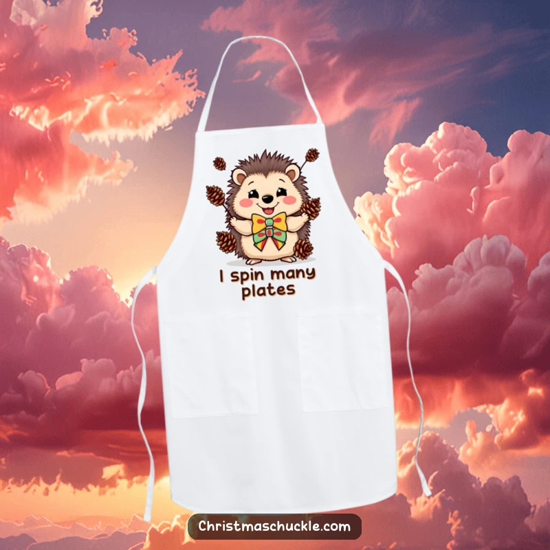 Funny apron featuring a happy hedgehog wearing a clown bowtie, juggling pinecones, ideal for kitchen fun.