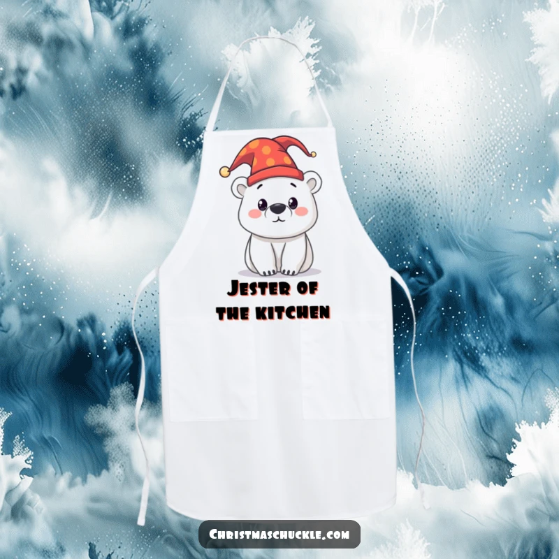 Funny curious polar bear wearing a jester hat, printed on a kitchen apron, perfect for adding a touch of arctic humor to cooking.