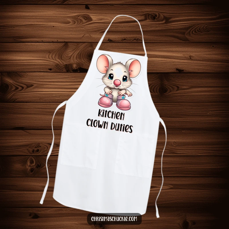Funny little mouse character dressed as a clown with a red nose and big shoes, printed on a kitchen apron, adding whimsical humor to cooking.
