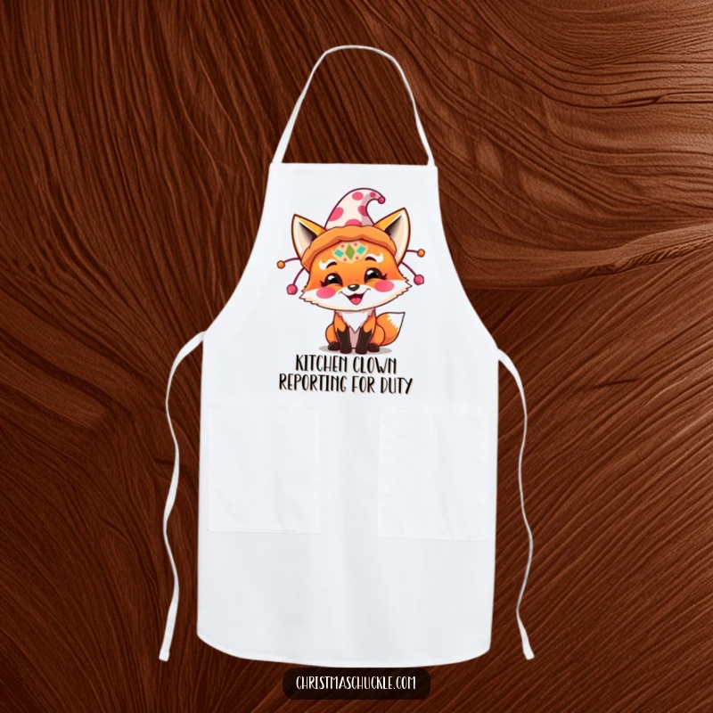Funny fox wearing clown makeup and posing with a massive festive hat, perfect for a funny kitchen apron.