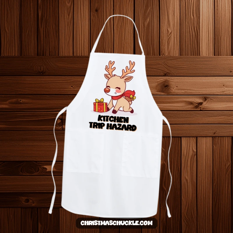 Funny blushing reindeer tripping with a present on a kitchen apron, perfect for humorous cooking sessions.