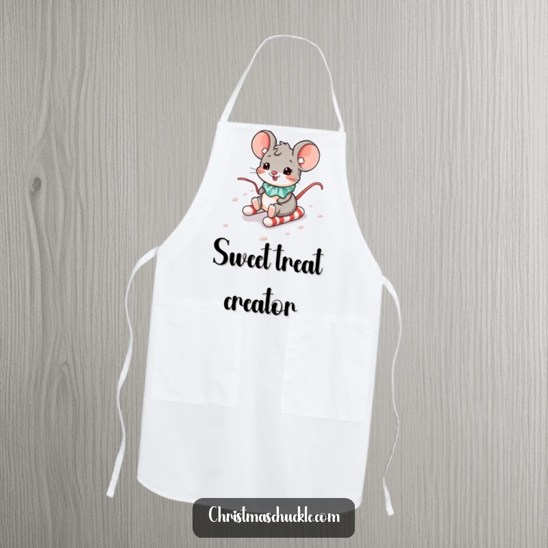 Funny apron showing a happy mouse in a clown collar taking a fun ride down a candy cane hill.