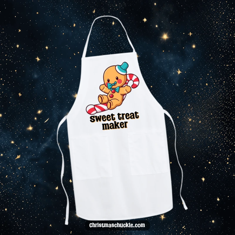 Funny Gingerbread Clown Apron: A jolly gingerbread man slides down a candy cane, adding humor to kitchen activities.