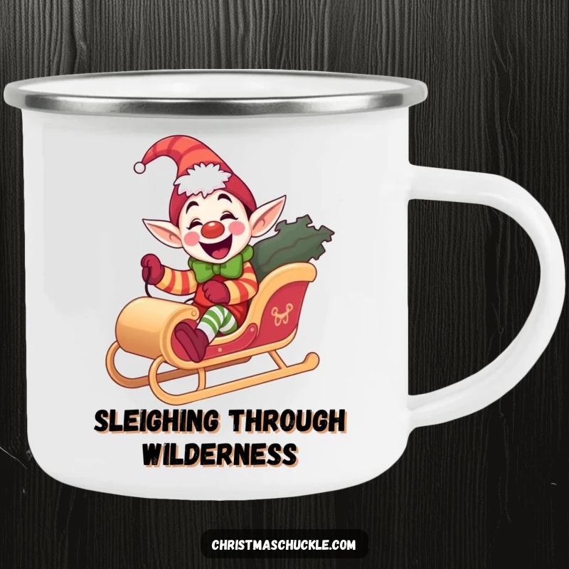 Funny elf clown camping mug, giddy and durable, riding a miniature sleigh, a humorous gift for adventurers.