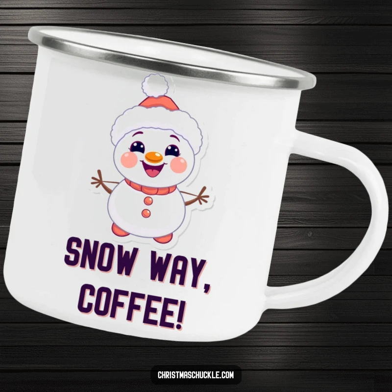 Funny kawaii snowman clown camping mug, cute and durable, smiling with carrot buttons, a humorous gift for adventurers.