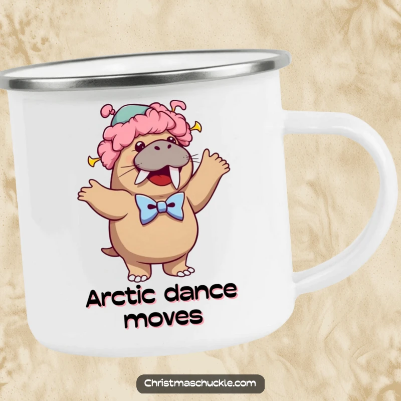 Funny camping mug featuring a cheerful walrus dressed as a clown, wearing a wig and bowtie, performing a silly dance.