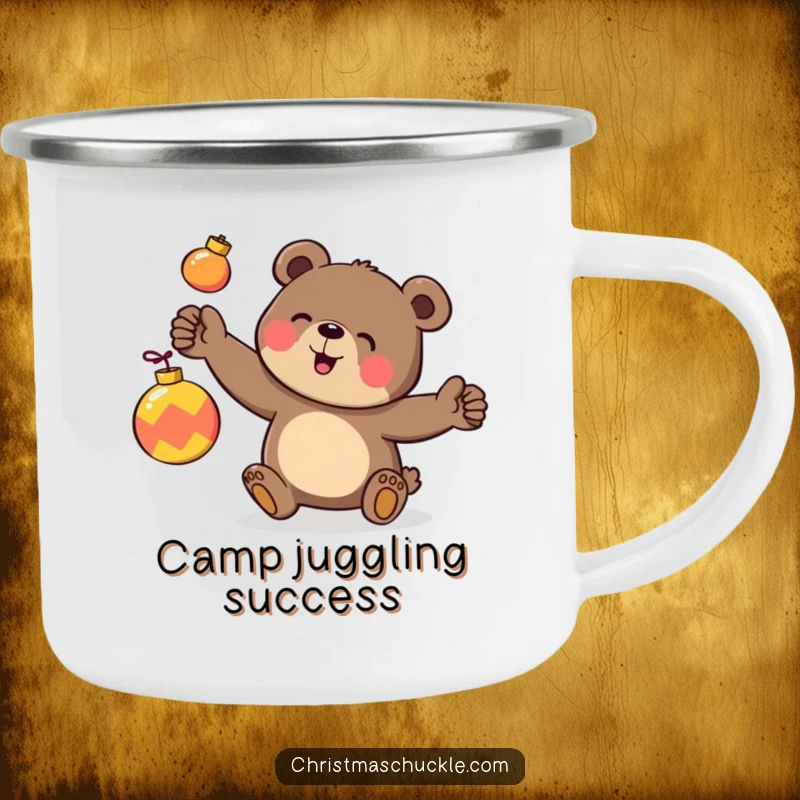 Funny camping mug with a happy bear character clumsily juggling three brightly colored ornaments, perfect for outdoor holiday fun.