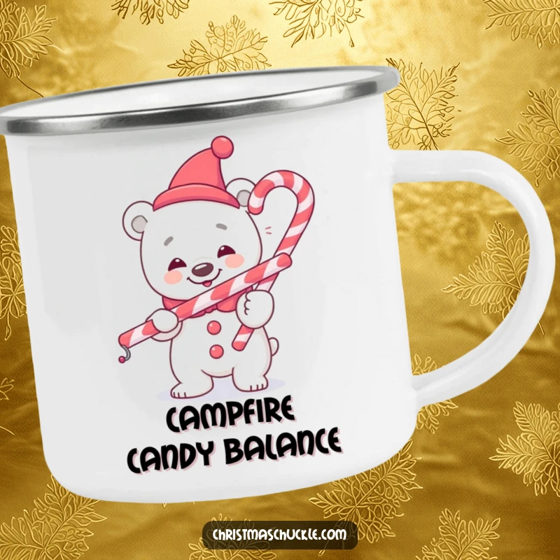 Funny polar bear clown camping mug, cheerful and durable, balancing a candy cane, a humorous gift for adventurers.
