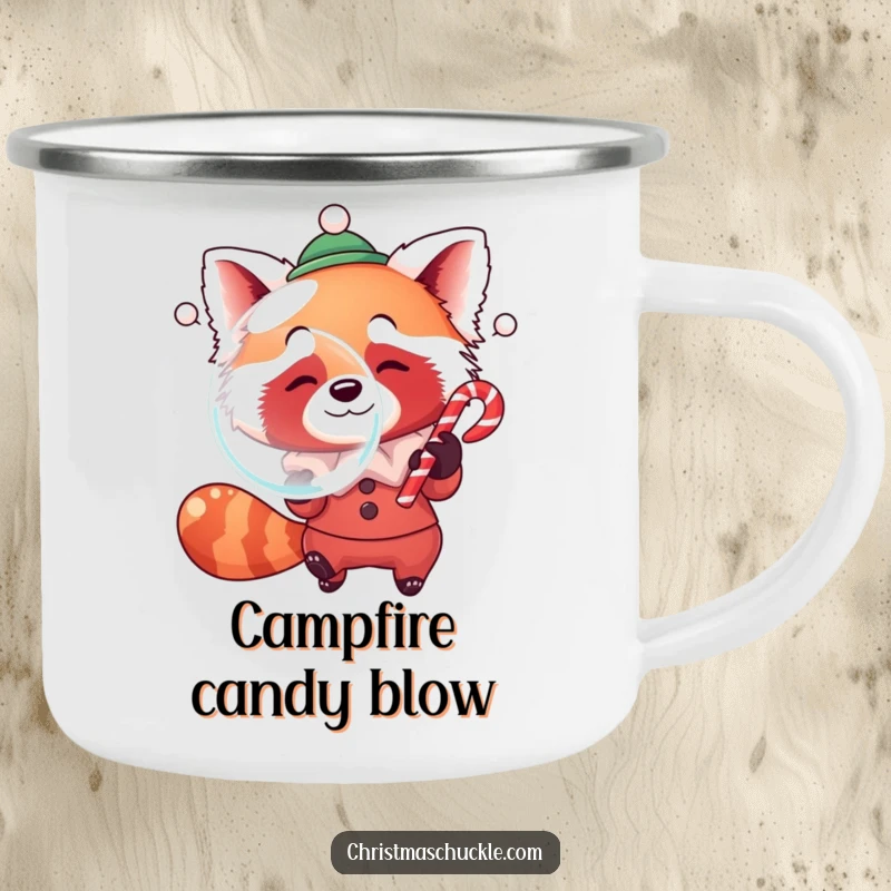 Funny camping mug featuring a red panda dressed as a clown, humorously blowing a giant bubble with a candy cane, for outdoor fun.