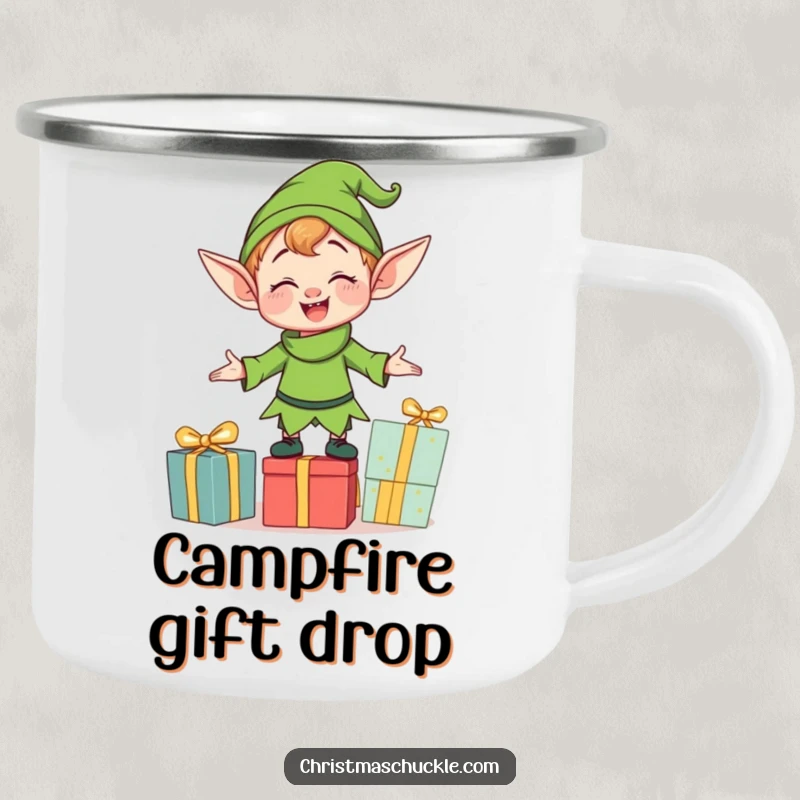 Funny clumsy elf character balancing gifts, depicted on a sturdy enamel camping mug, ideal for outdoor enthusiasts seeking holiday cheer.