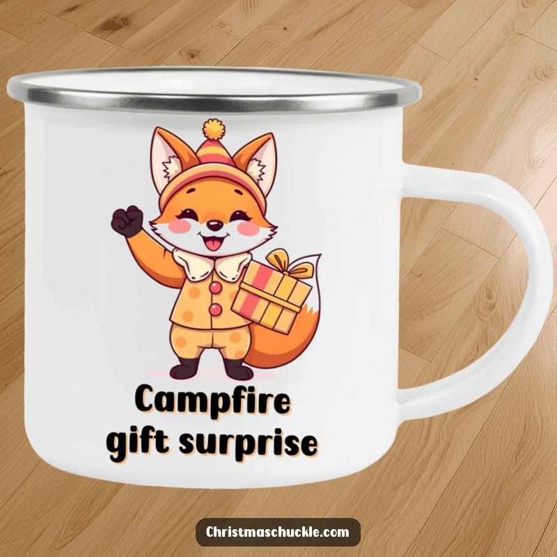 Funny fox camping mug, a festive fox in a clown costume triumphantly holding a brightly wrapped gift, outdoor celebration.