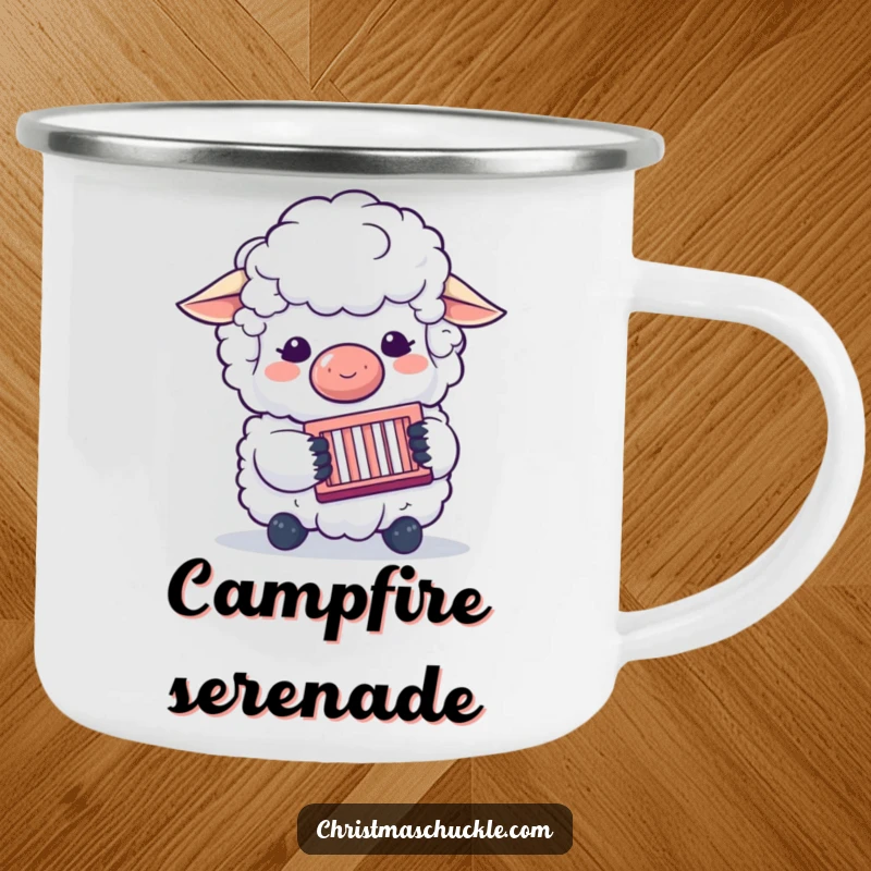 Funny camping mug featuring a sheep clown playing a concertina, perfect for outdoor adventures and enjoying warm drinks with musical humor.