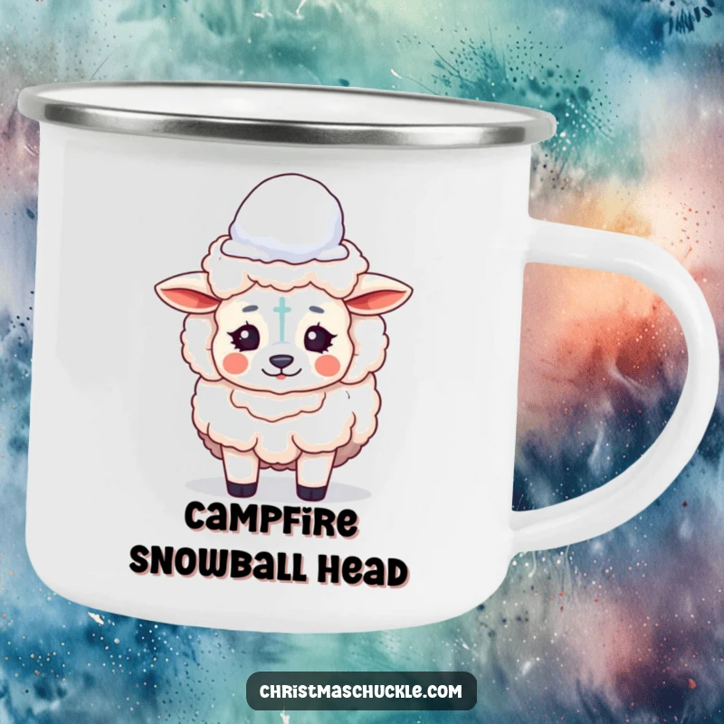 Funny camping mug featuring a fluffy sheep with clown makeup, humorously balancing a snowball on its head, for outdoor adventures.