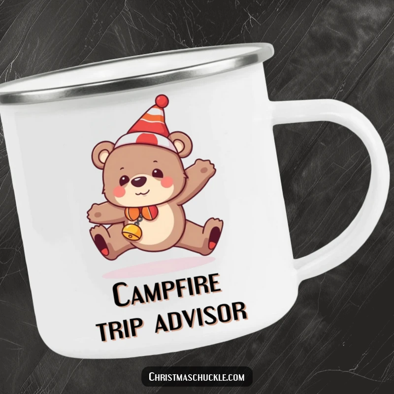Funny bear camping mug showing a festive bear tripping, ready for outdoor fun and clumsy holiday cheer.