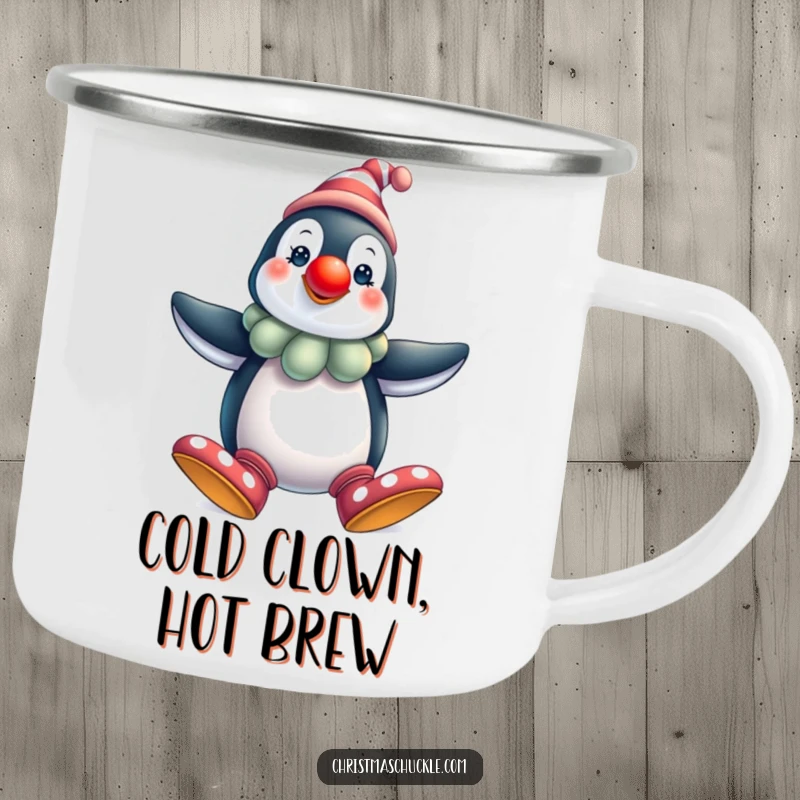 Funny penguin clown camping mug, festive and durable, for outdoor use, showing the comical character, a humorous gift for adventurers.