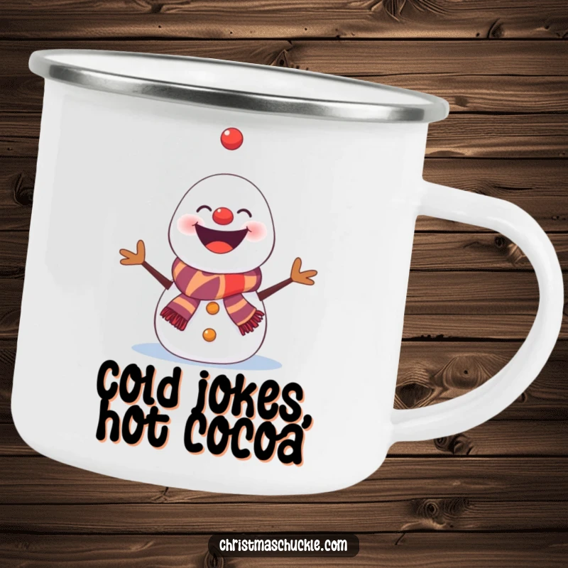Funny snowman camping mug, a clown-grinning snowman trying to juggle snowflakes around a campfire, outdoor humor.