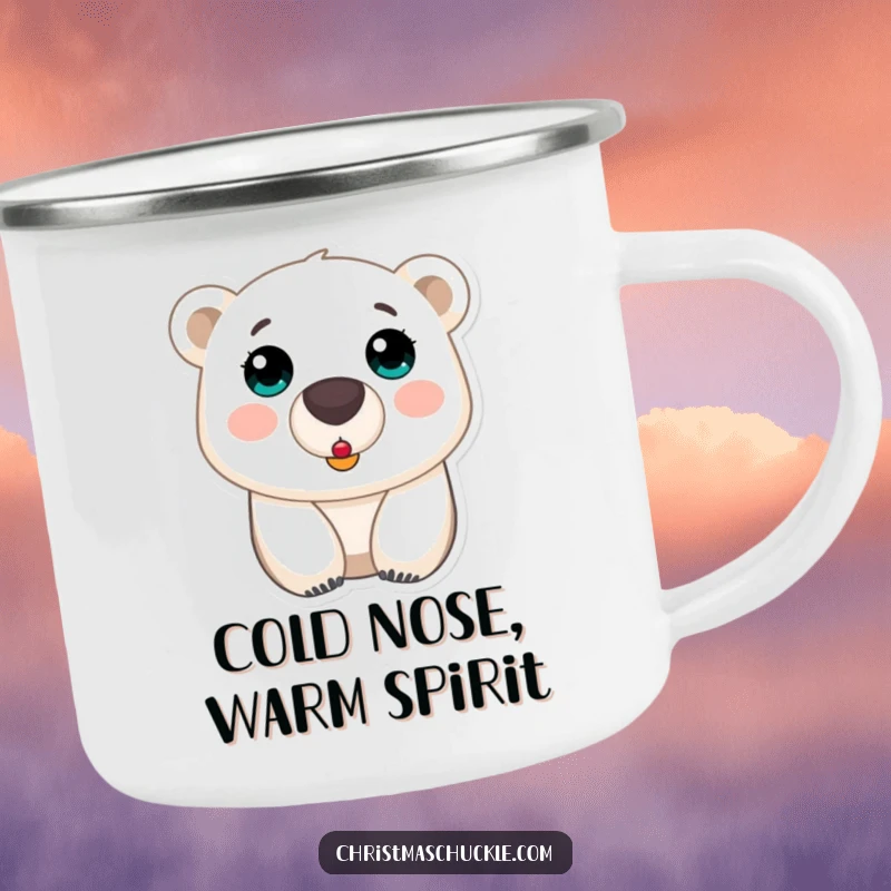 Funny polar bear clown nose camping mug, a surprised bear with a tiny clown nose, perfect for outdoor enjoyment and laughs.