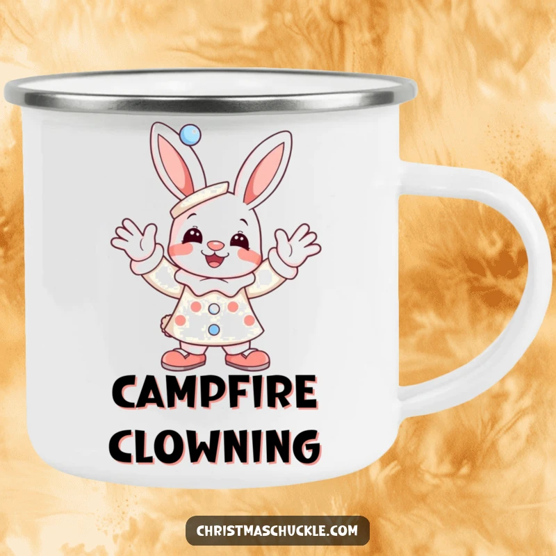 Funny camping mug featuring a joyful bunny dressed as a clown, enthusiastically waving, ready for outdoor adventures with a humorous touch.